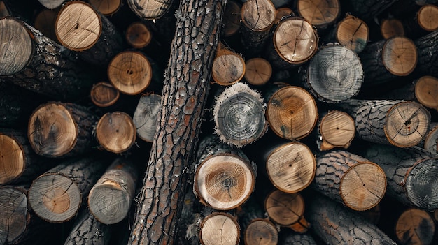 a pile of wood with a tree in the background