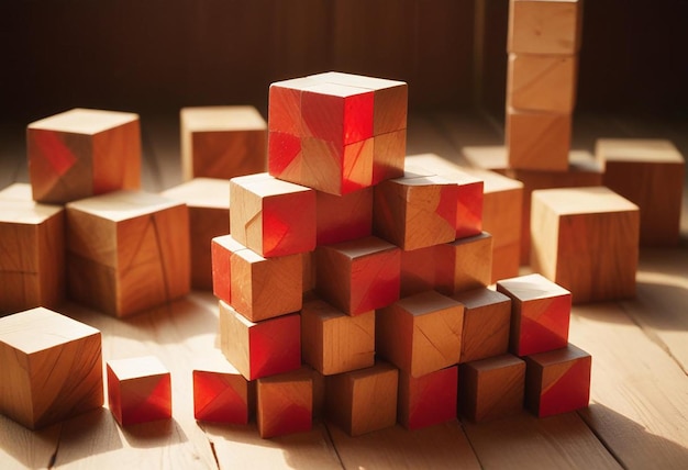 a pile of wooden cubes with one that has the red glass on it