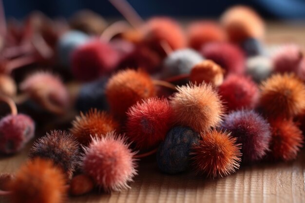 A pile of woolen balls with one of them on a table.