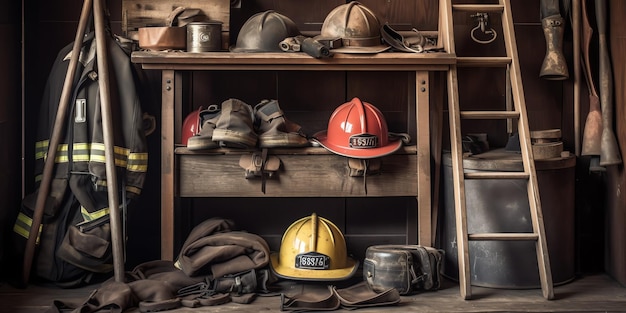 A pile of work gear including a fireman's hat and a fireman's hat.