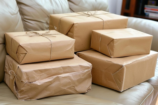 Photo a pile of wrapped gift wrapped in brown paper