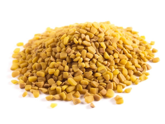 A pile of yellow lentils on a white background.