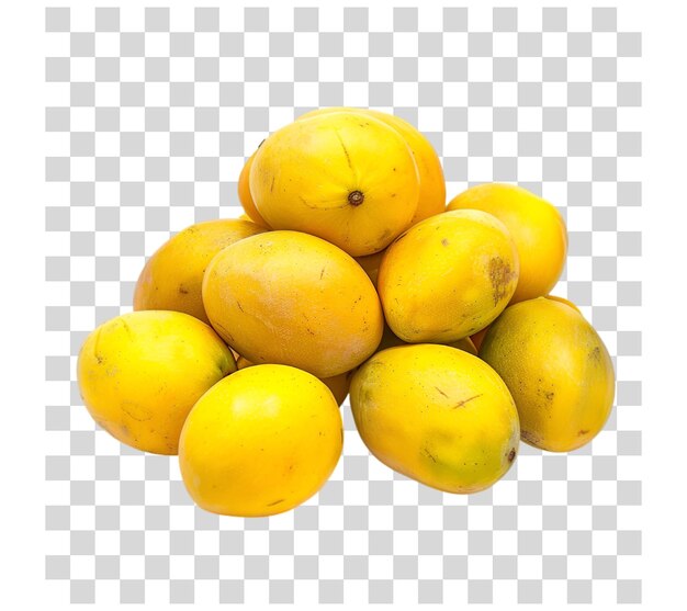 Pile of yellow mangoes stacked on transparent background