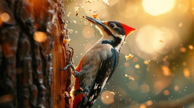 A Pileated Woodpecker in the rain pecking at a tree trunk