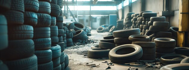 Photo piles of car tires in factory storage area concept industrial waste management recycling practices