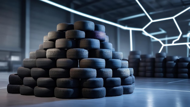 Photo piles of car tires in factory storage area concept industrial waste management recycling practices