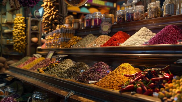 Photo piles of colorful aromatic spices arranged in pyramids at a vibrant market stall enticing the senses