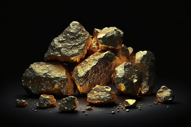 Piles of gold nuggets Ai Shiny golden stones in heaps isolated on black background