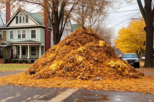 Piles of leaves and debris collected in park corners created with generative ai