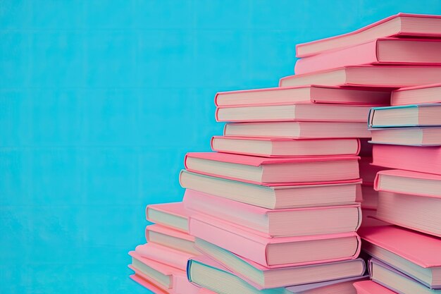 Piles of pink books on blue background