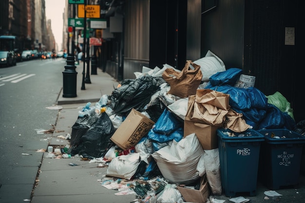 Piles of trash and litter in city streets overflowing garbage