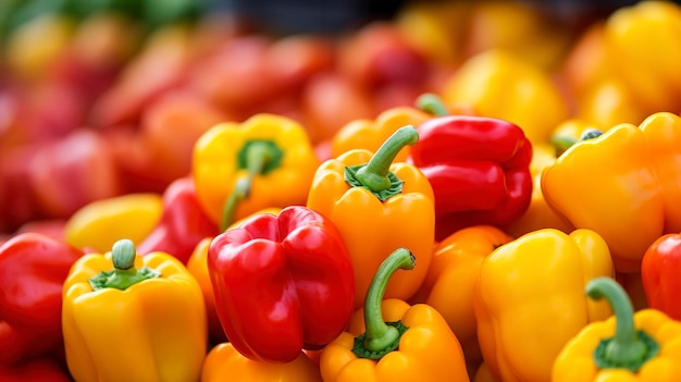 Piles of vibrant red yellow and orange bell peppers