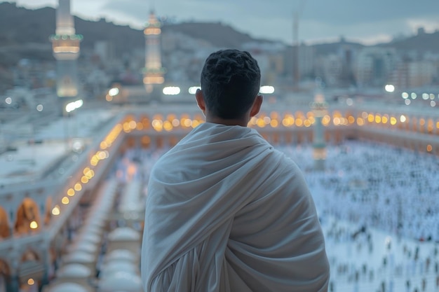 Photo a pilgrim contemplates the sacred mosque at dusk in mecca saudi arabia