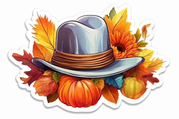 Photo pilgrim hat with colorful fall leaves happy thanks happy thanksgiving sticker image