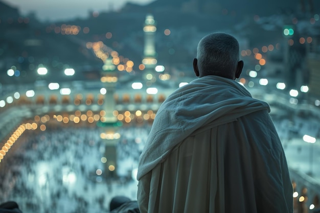 Photo pilgrim in ihram overlooking the grand mosque at night