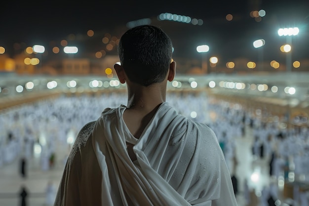 Photo pilgrim in ihram overlooking the grand mosque at night