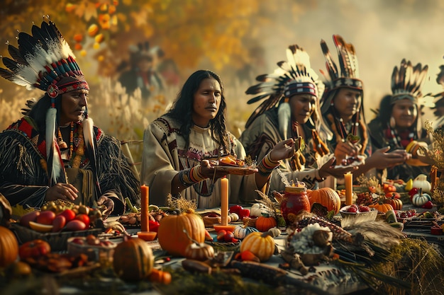 Photo pilgrim and native american feast scene watercolor background