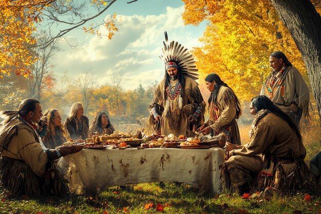 Photo pilgrim and native american feast scene watercolor background