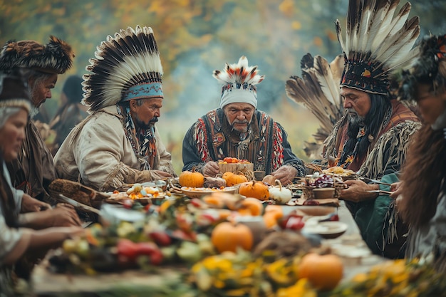 Photo pilgrim and native american feast watercolor background