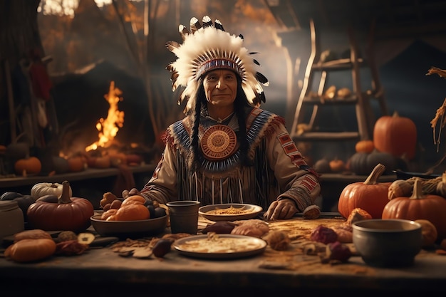 Photo pilgrim and native american feast watercolor background