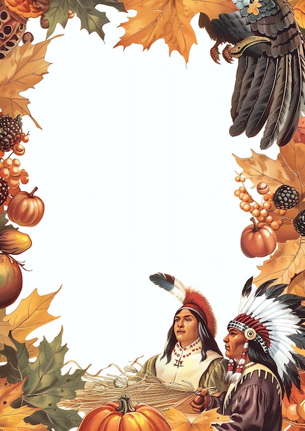 Pilgrim and Native American feast watercolor border