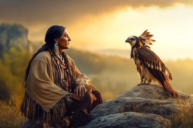 Photo pilgrim and native american friendship watercolor background