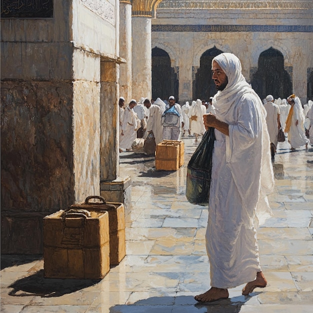 Photo a pilgrim packing their ihram attire and other religious essentials