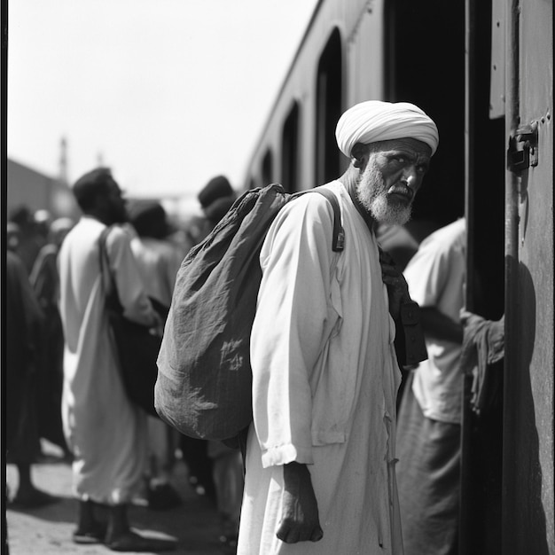 A pilgrim preparing to board the train to Mina from Mecca