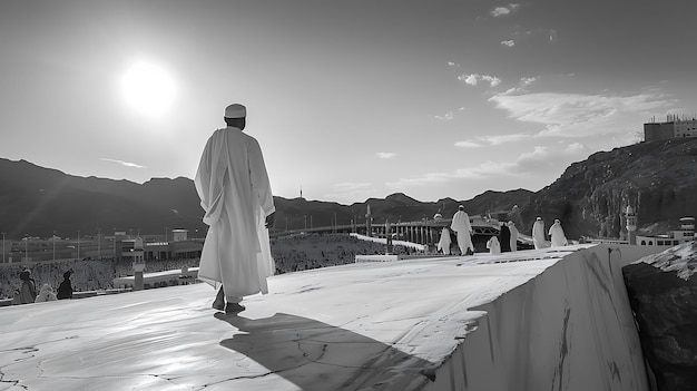 Pilgrim Walking Towards the Sun on a Marble Platform