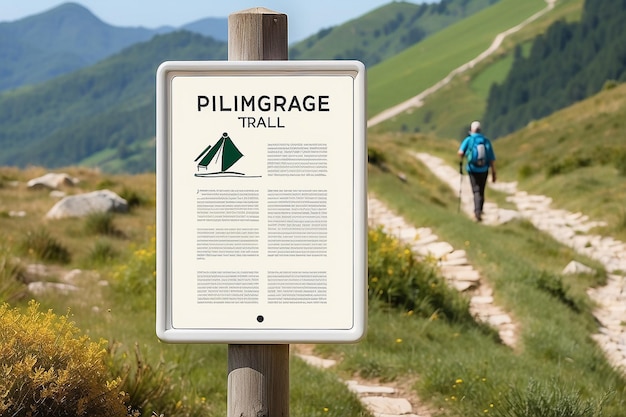 Photo pilgrimage trail walking guide signage mockup with blank white empty space for placing your design