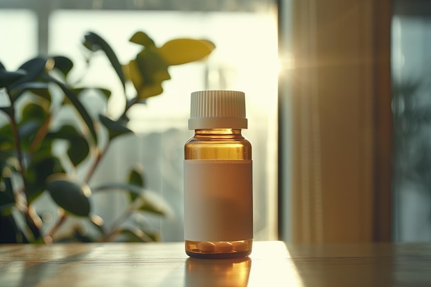 Pill bottle on wooden table in room with window background