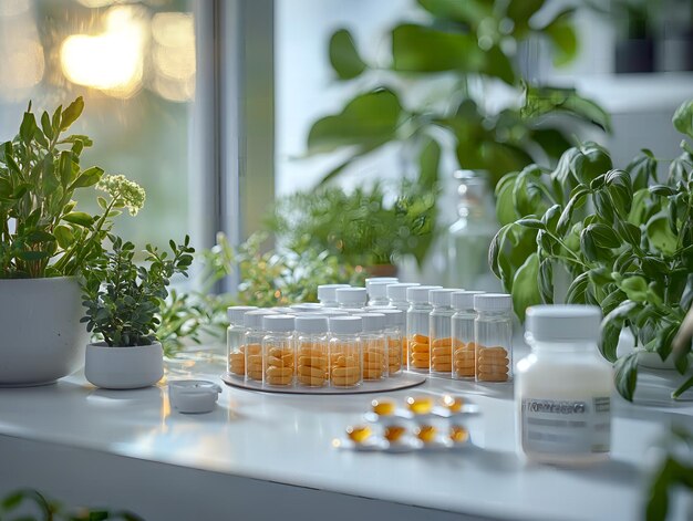 Photo pill bottles and containers neatly arranged on pharmacy shelves