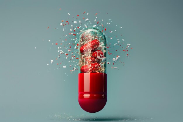 A pill capsule opening to reveal red liquid and tiny sprinkles inside A pill capsule splitting open to reveal its contents