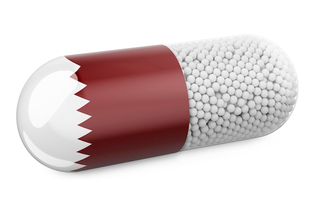 Pill capsule with Qatari flag Healthcare in Qatar concept 3D rendering