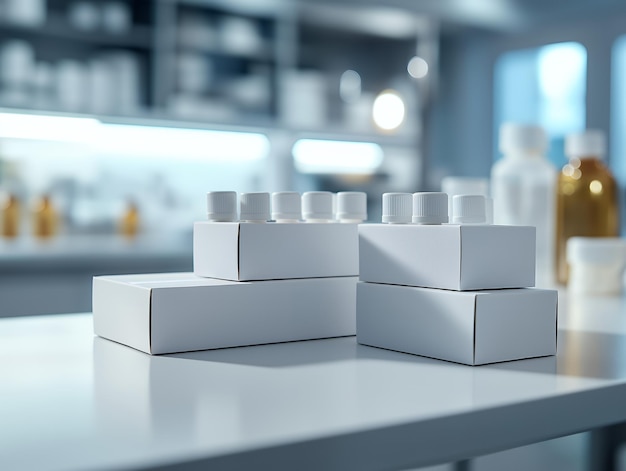 Photo pill containers and tablets on clean white countertop in pharmacy setting