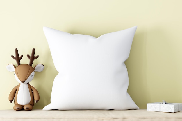 Pillow mockup kids on yellow background and plush toy