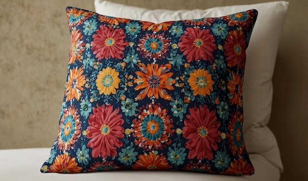 Photo a pillow with a colorful design on it and the word spring on the pillow