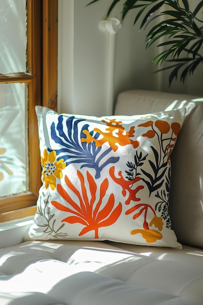 Photo a pillow with a flower design on it sits on a window sill