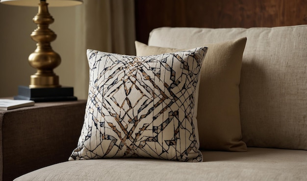 a pillow with a pattern on it sits on a bed