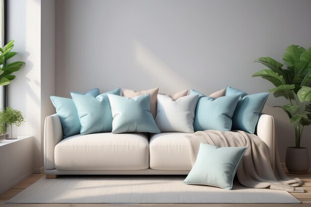 Pillows on comfortable sofa in bright living room interior