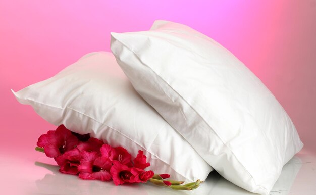 Pillows and flower on pink background