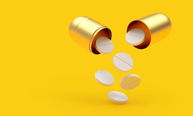 The pills are poured out of a gold open medical capsule