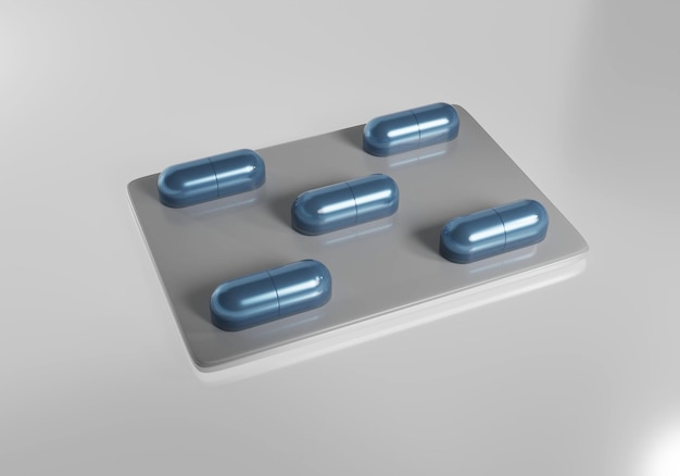 Pills blister pack isolated on light background Blue antibiotic capsules 3d rendering