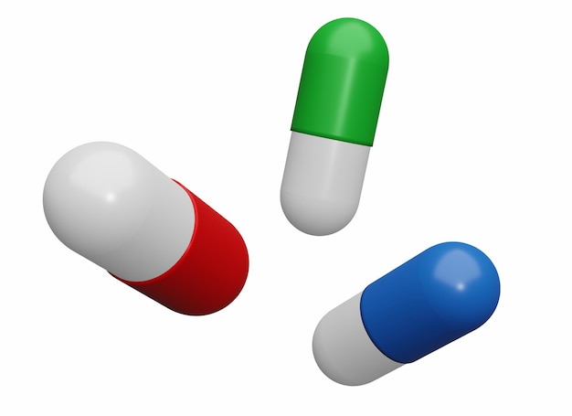 Pills capsule drug flying 3d icon isolated on white background