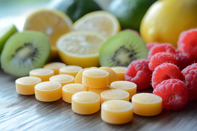 Photo pills and fruits on wooden table closeup vitamins