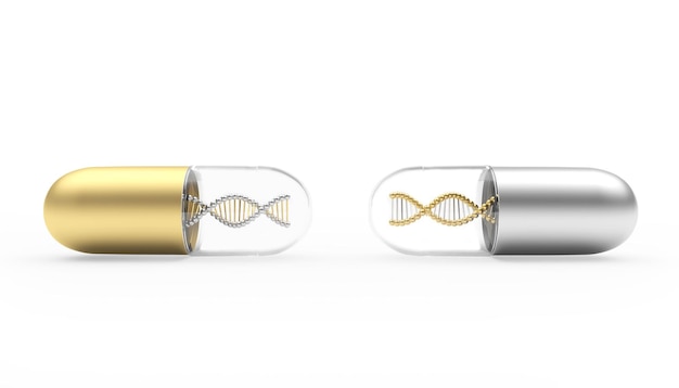 Pills gold and silver with DNA spirals.