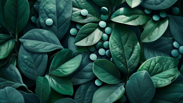 Pills on green plant leaves