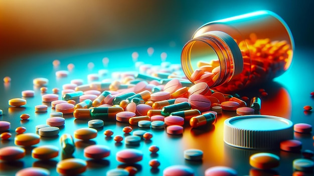 Pills scattered on the table and medicine bottles AI Generate image