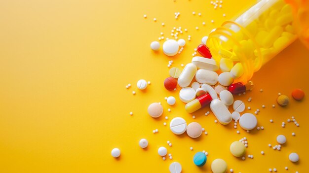 Pills Spilling Out of a Bottle on Yellow Surface