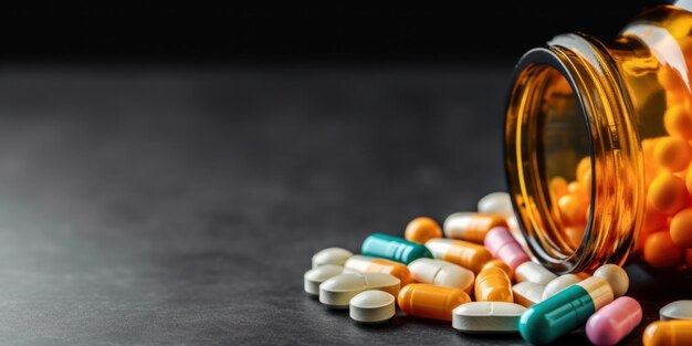 Pills spilling out of pill bottle on black background Focus on foreground soft bokeh